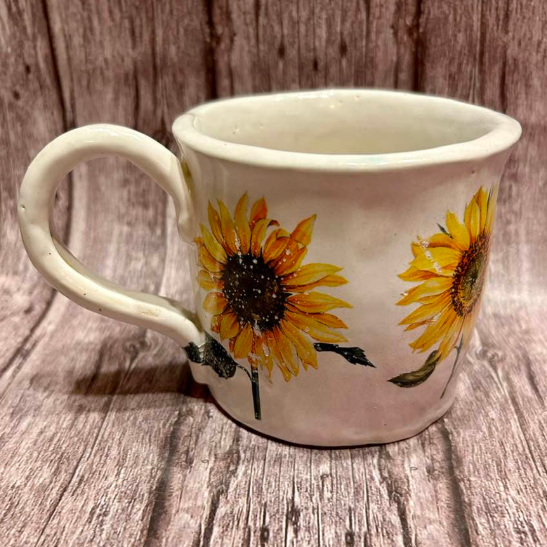 Mug Sunflower, Martha Conan Pottery, Pottery, Upstate New York Pottery, Syracuse Pottery, Syracuse Potter, Central New York Pottery, Potters in Central New York, Best Potters in Syracuse. Best Pottery in Syracuse, Best Pottery in Upstate New York, Best Pottery in Central New York, CNY Pottery, local pottery CNY