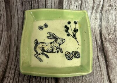 light green easter bunny square platter,Martha Conan Pottery, Pottery, Upstate New York Pottery, Syracuse Pottery, Syracuse Potter, Central New York Pottery, Potters in Central New York, Best Potters in Syracuse. Best Pottery in Syracuse, Best Pottery in Upstate New York, Best Pottery in Central New York, CNY Pottery, local pottery CNY