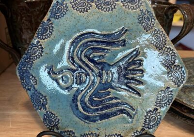 Ancient Bird Art on blue hexagonal decorative plate, Martha Conan Pottery, Pottery, Upstate New York Pottery, Syracuse Pottery, Syracuse Potter, Central New York Pottery, Potters in Central New York, Best Potters in Syracuse. Best Pottery in Syracuse, Best Pottery in Upstate New York, Best Pottery in Central New York, CNY Pottery, local pottery CNY