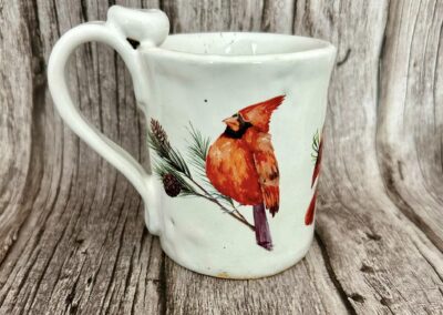 Cardinal on white mug, Martha Conan Pottery, Pottery, Upstate New York Pottery, Syracuse Pottery, Syracuse Potter, Central New York Pottery, Potters in Central New York, Best Potters in Syracuse. Best Pottery in Syracuse, Best Pottery in Upstate New York, Best Pottery in Central New York, CNY Pottery, local pottery CNY