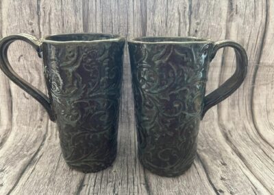 Tall Victorian Floral Motif Mug Set, Martha Conan Pottery, Pottery, Upstate New York Pottery, Syracuse Pottery, Syracuse Potter, Central New York Pottery, Potters in Central New York, Best Potters in Syracuse. Best Pottery in Syracuse, Best Pottery in Upstate New York, Best Pottery in Central New York, CNY Pottery, local pottery CNY