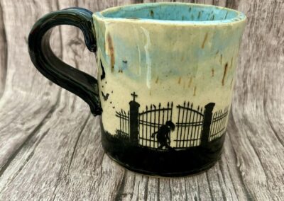 Halloween Graveyard gate mug, Martha Conan Pottery, Pottery, Upstate New York Pottery, Syracuse Pottery, Syracuse Potter, Central New York Pottery, Potters in Central New York, Best Potters in Syracuse. Best Pottery in Syracuse, Best Pottery in Upstate New York, Best Pottery in Central New York, CNY Pottery, local pottery CNY