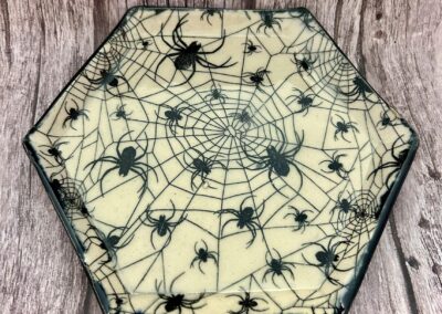 Halloween spider hexagonal platter, Martha Conan Pottery, Pottery, Upstate New York Pottery, Syracuse Pottery, Syracuse Potter, Central New York Pottery, Potters in Central New York, Best Potters in Syracuse. Best Pottery in Syracuse, Best Pottery in Upstate New York, Best Pottery in Central New York, CNY Pottery, local pottery CNY